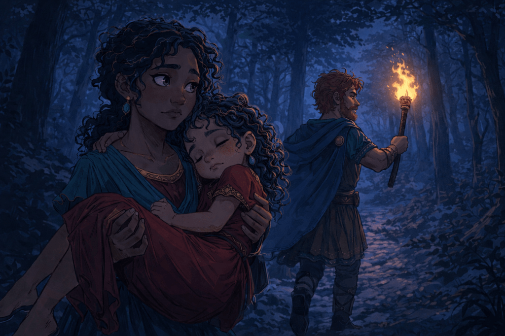 An illustration of Alessia carrying Stella through the woods.