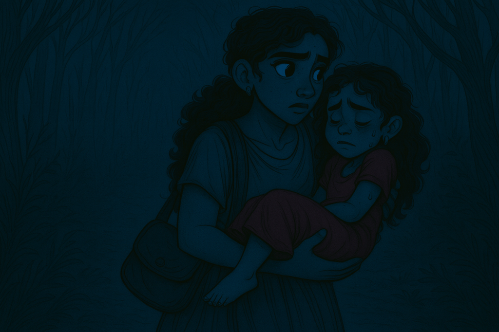 The image depicts a dark, moody forest scene illuminated by dim blue light. In the foreground, a worried woman with long, curly hair carries a small, sweating girl in her arms. The woman looks anxiously into the distance, her brow furrowed and mouth tense, while the girl appears weak and feverish, eyes closed and face flushed. Both wear simple clothing — the woman in a draped peplos and shoulder bag, the girl in a short-sleeved red peplos. The dense, shadowed trees behind them add a sense of danger and isolation, emphasizing the emotional intensity of fear and protection.