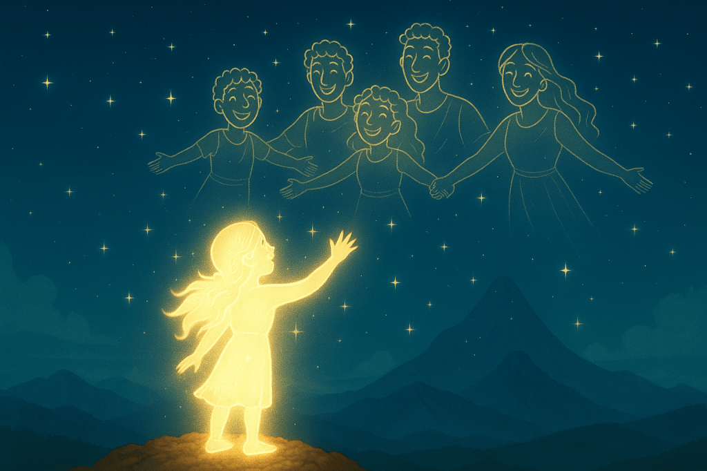 A glowing young girl stands atop a mountain at night, her entire figure radiant with golden light. She reaches upward toward the sky, where five luminous, ghostly figures — a smiling family — appear among the stars, holding hands and looking down at her with joy. The background shows dark blue mountains and a starlit sky, creating a serene, magical atmosphere that evokes themes of reunion, hope, and transcendence.