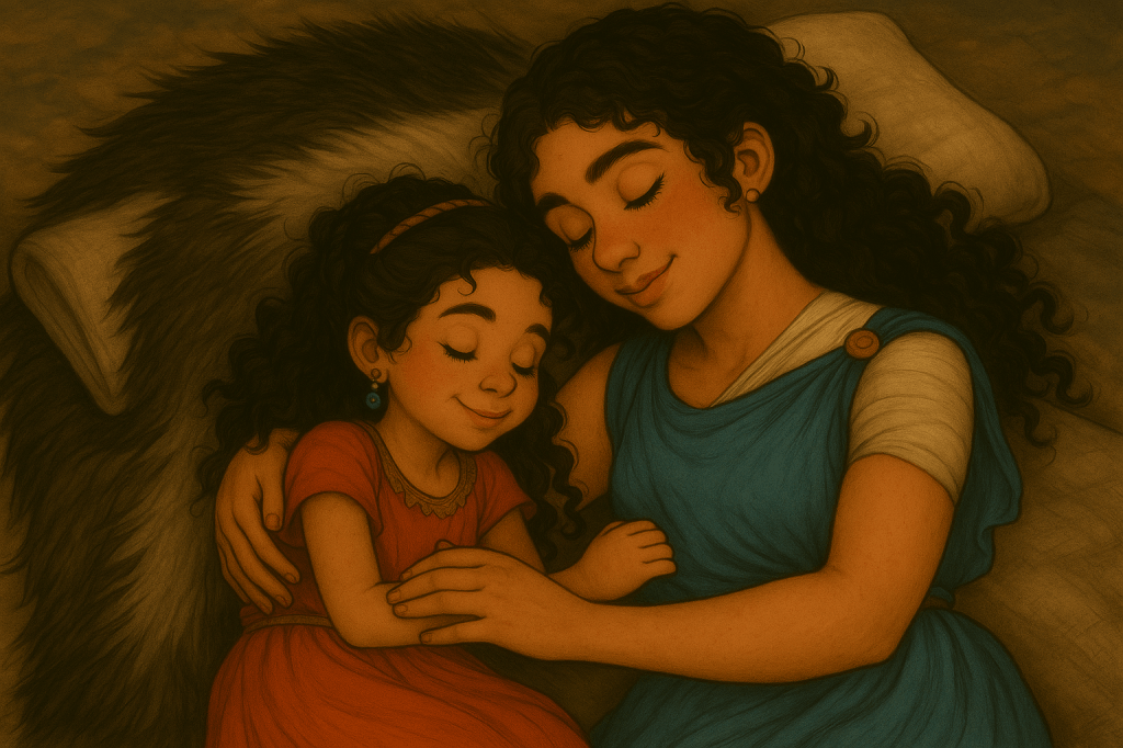 A warm, tender illustration of Alessia and Stella peacefully sleeping together. Alessia is dressed in a blue chiton fastened with a bronze clasp and with a bandaged upper arm, has long, curly dark hair and a serene smile. Stella, also with curly dark hair tied with a headband, wears a red dress and blue earrings. She rests happily against the woman’s chest, both of them smiling softly in sleep. They lie on a bed or blanket with a fur covering and a cushion beneath their heads, the soft golden lighting giving the scene a comforting, affectionate atmosphere of love and safety.