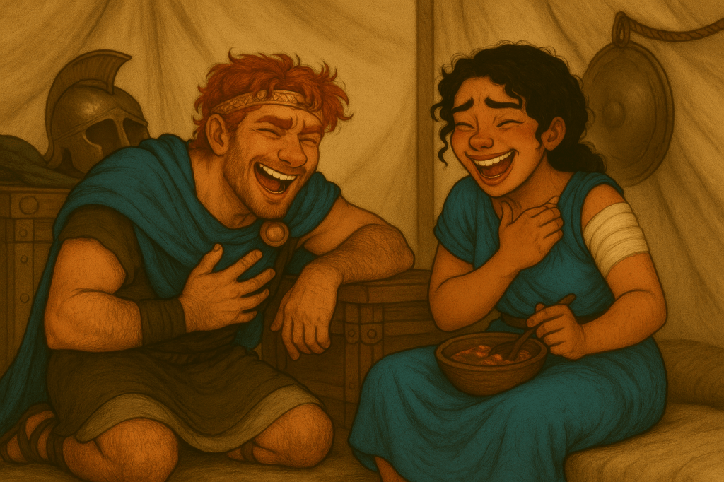 A warm, lively illustration of Odrian and Alessia laughing together inside a Bronze Age–style war tent. Odrian is on the left with short auburn hair, a golden headband, and a blue cloak fastened with a bronze clasp throws his head back in hearty laughter, one hand on his chest. Alessia is on the right with dark curly hair, wearing a blue chiton and a white bandage around her upper arm, laughs just as hard while holding a bowl of stew. The background includes a bronze helmet, a shield, and tent fabric draped behind them. The overall tone is joyful and intimate, capturing a moment of genuine friendship and shared humor amid a rustic, historical setting.